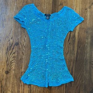 Deb Blue Sequin Short Sleeve Knit Top Sequin Sweater